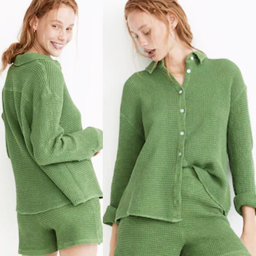 Donni Waffle Button Down Shirt Matcha Green Size M Made in USA Cotton